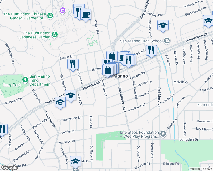 map of restaurants, bars, coffee shops, grocery stores, and more near 2115 Roanoke Road in San Marino