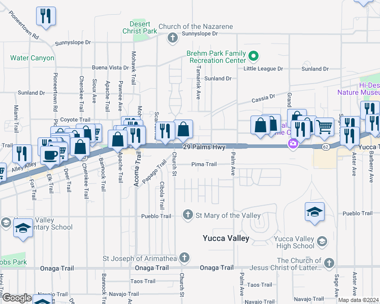 map of restaurants, bars, coffee shops, grocery stores, and more near 56341 29 Palms Highway in Yucca Valley