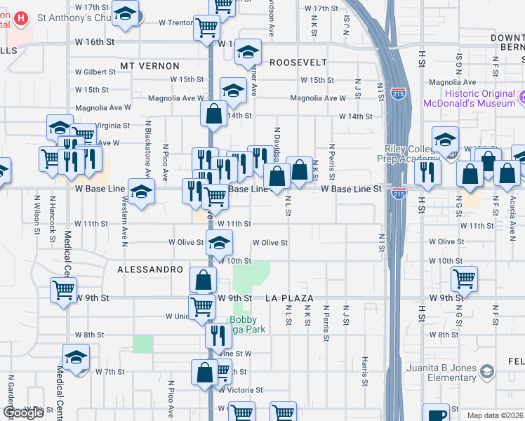 map of restaurants, bars, coffee shops, grocery stores, and more near 1172 West Orange Street in San Bernardino