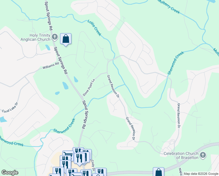 map of restaurants, bars, coffee shops, grocery stores, and more near 7137 Wrights Lane in Hoschton
