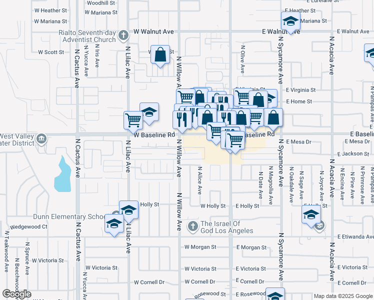 map of restaurants, bars, coffee shops, grocery stores, and more near 264 West Jackson Street in Rialto