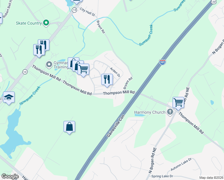map of restaurants, bars, coffee shops, grocery stores, and more near 2879 Pebblebrook Drive in Buford