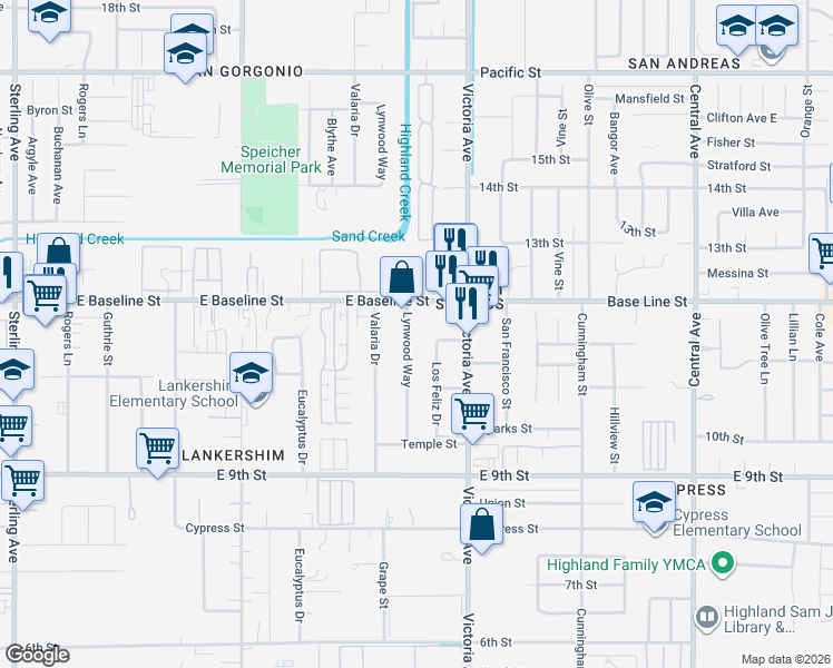 map of restaurants, bars, coffee shops, grocery stores, and more near 7359 Lynwood Way in Highland