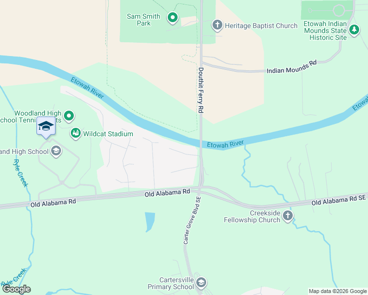 map of restaurants, bars, coffee shops, grocery stores, and more near 16 Riverside Court Southeast in Cartersville