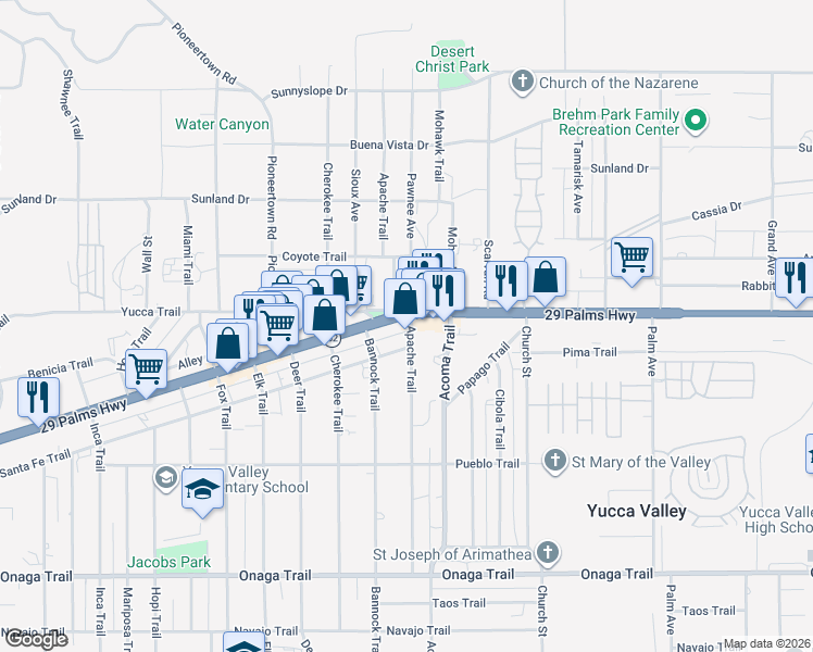 map of restaurants, bars, coffee shops, grocery stores, and more near 56081 Twentynine Palms Highway in Yucca Valley