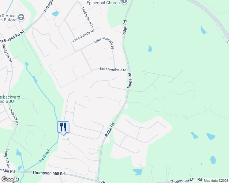 map of restaurants, bars, coffee shops, grocery stores, and more near 3831 Morgans Ridge Drive in Buford