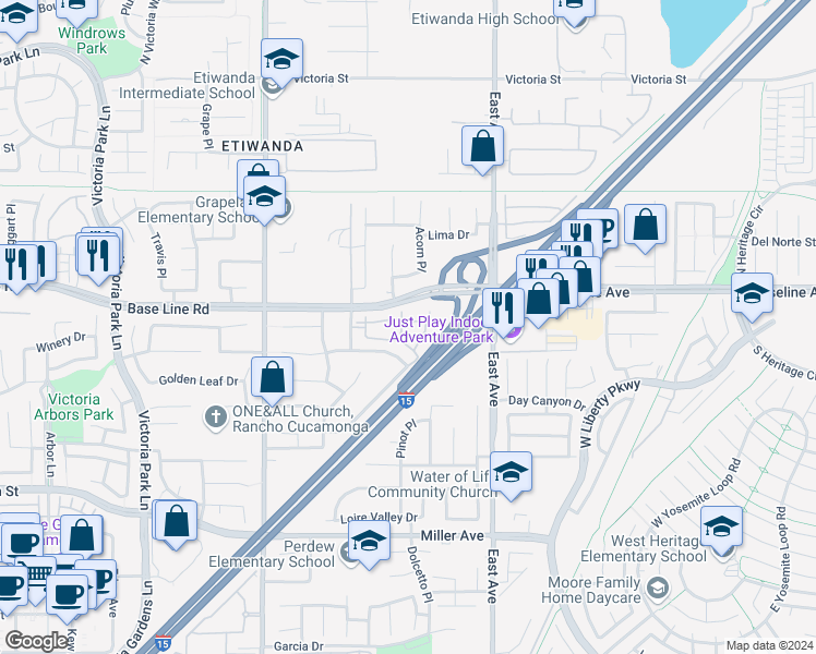 map of restaurants, bars, coffee shops, grocery stores, and more near 7331 Shelby Place in Rancho Cucamonga