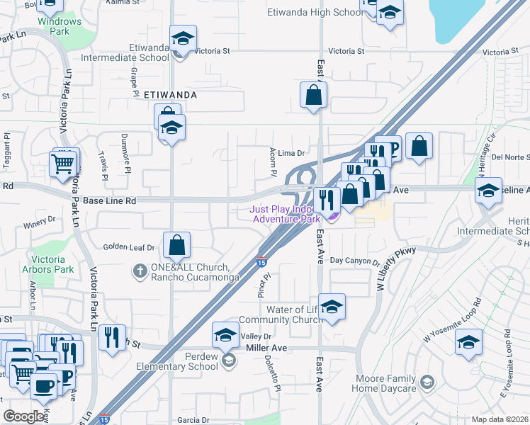 map of restaurants, bars, coffee shops, grocery stores, and more near 7331 Shelby Place in Rancho Cucamonga
