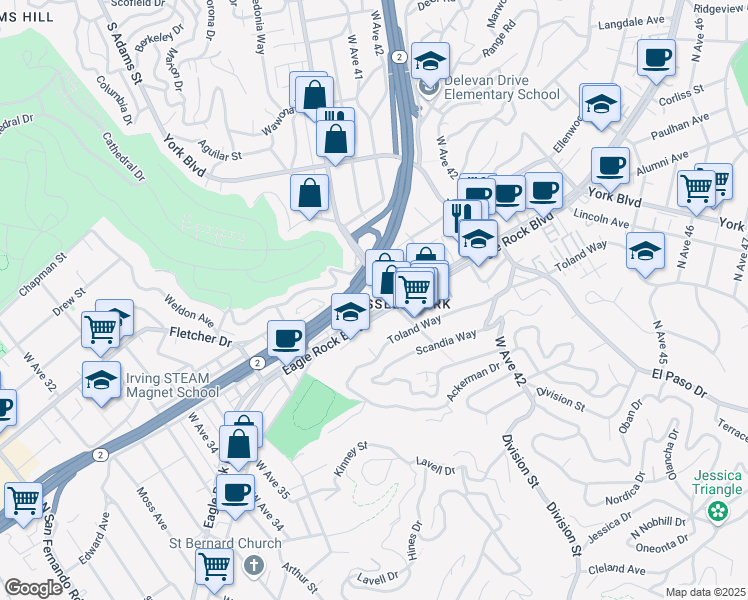 map of restaurants, bars, coffee shops, grocery stores, and more near 3947 North Eagle Rock Boulevard in Los Angeles