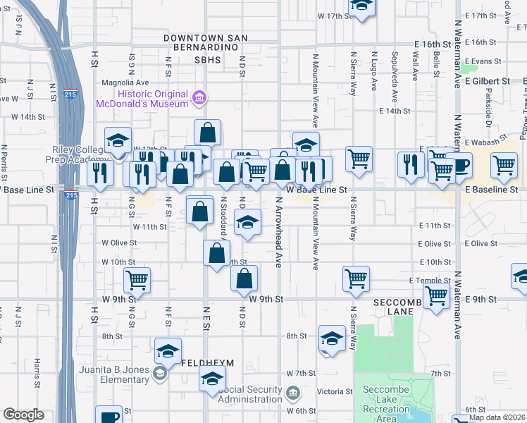 map of restaurants, bars, coffee shops, grocery stores, and more near 1137 North Mayfield Avenue in San Bernardino