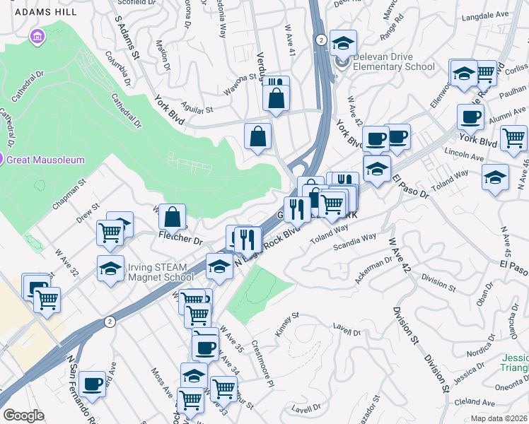map of restaurants, bars, coffee shops, grocery stores, and more near 3922 Roderick Road in Los Angeles
