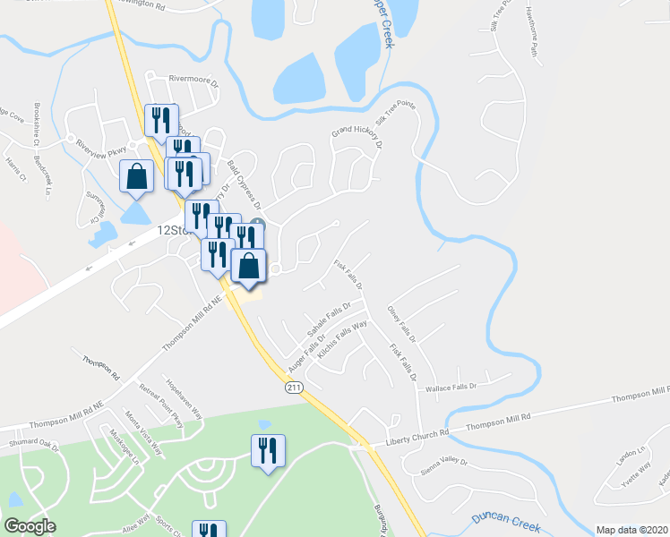 map of restaurants, bars, coffee shops, grocery stores, and more near 2464 Fisk Falls Drive in Braselton