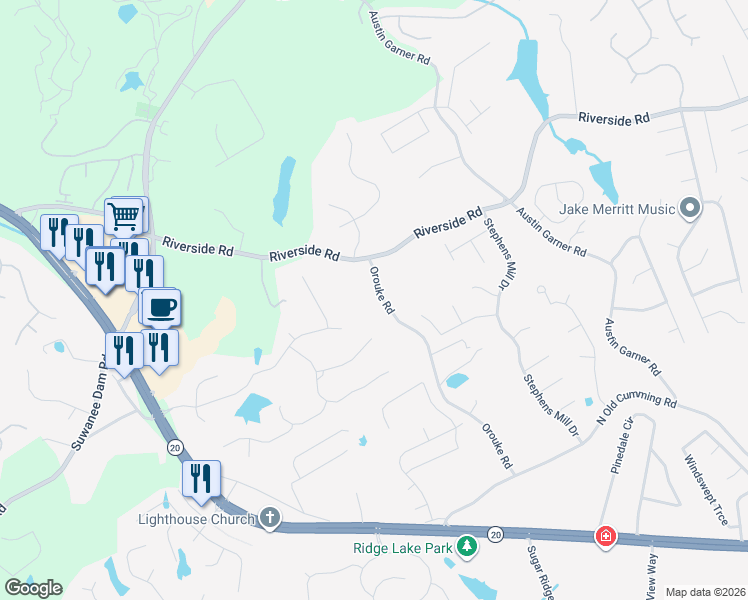 map of restaurants, bars, coffee shops, grocery stores, and more near 5770 Orouke Road in Sugar Hill