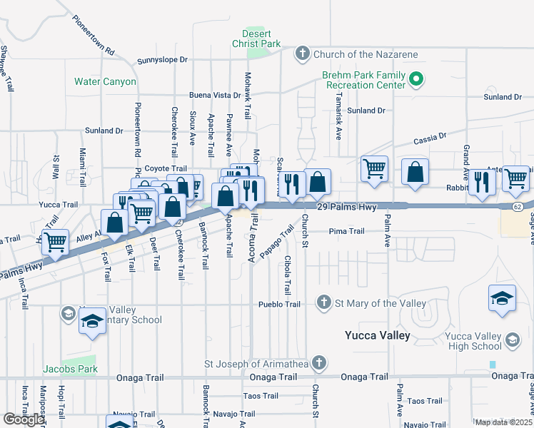 map of restaurants, bars, coffee shops, grocery stores, and more near in Yucca Valley