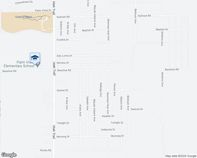 map of restaurants, bars, coffee shops, grocery stores, and more near Kellogg Avenue in Twentynine Palms