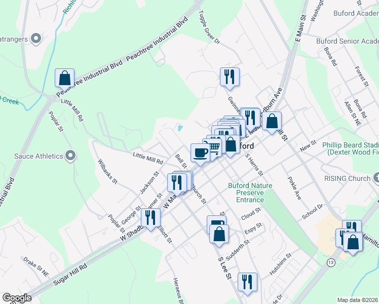 map of restaurants, bars, coffee shops, grocery stores, and more near 93 North Alexander Street Northeast in Buford