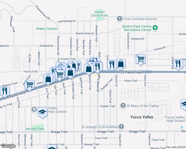 map of restaurants, bars, coffee shops, grocery stores, and more near 56097 Twentynine Palms Highway in Yucca Valley