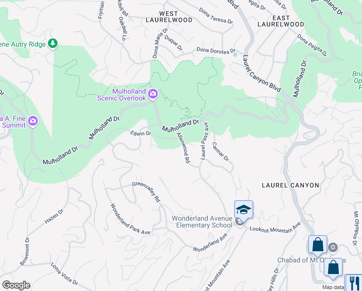 map of restaurants, bars, coffee shops, grocery stores, and more near 8670 Allenwood Road in Los Angeles