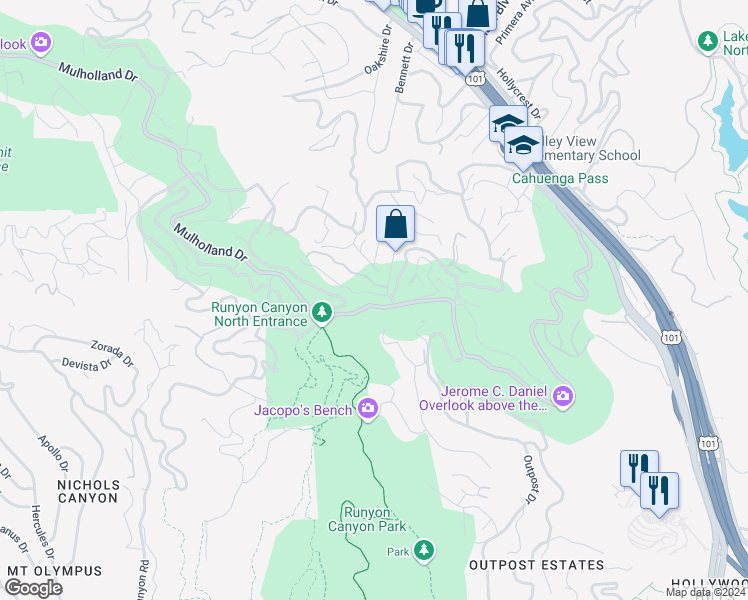 map of restaurants, bars, coffee shops, grocery stores, and more near 7275 Mulholland Drive in Los Angeles