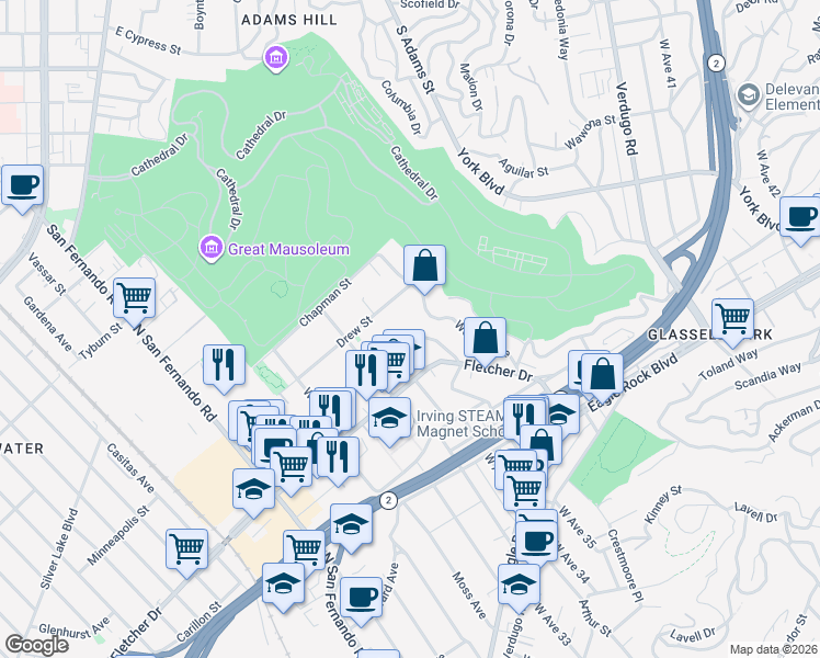 map of restaurants, bars, coffee shops, grocery stores, and more near 3365 Andrita Street in Los Angeles