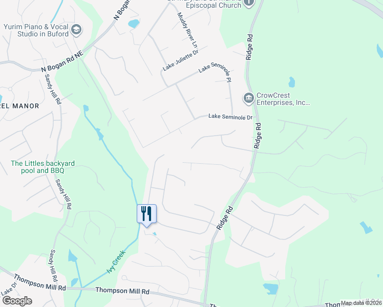 map of restaurants, bars, coffee shops, grocery stores, and more near 3600 Morgans Ridge Court in Buford