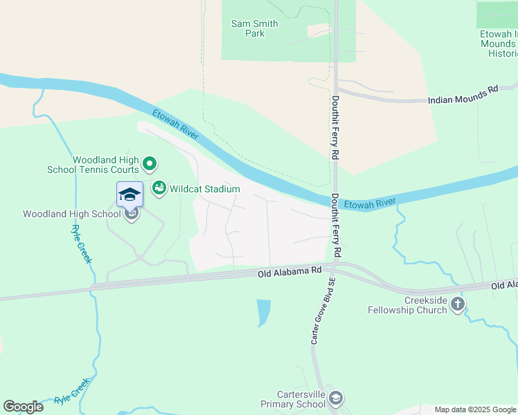 map of restaurants, bars, coffee shops, grocery stores, and more near 31 Riverview Court Southeast in Cartersville