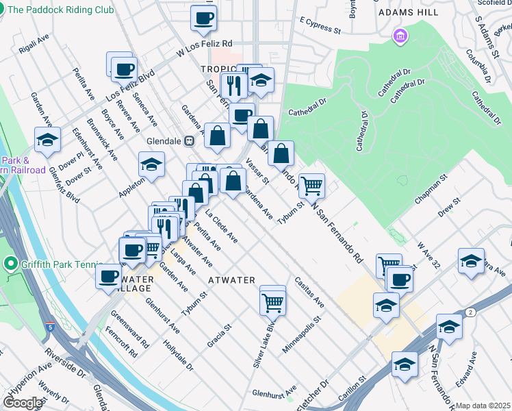 map of restaurants, bars, coffee shops, grocery stores, and more near 1909 Gardena Avenue in Glendale
