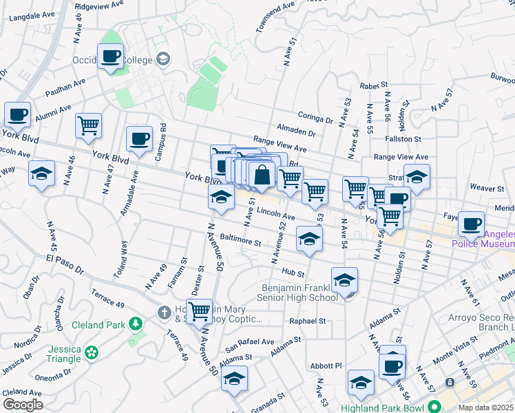 map of restaurants, bars, coffee shops, grocery stores, and more near 5105 Lincoln Avenue in Los Angeles