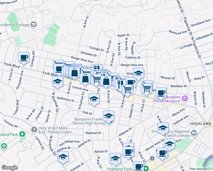 map of restaurants, bars, coffee shops, grocery stores, and more near 5327 York Boulevard in Los Angeles
