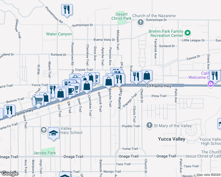 map of restaurants, bars, coffee shops, grocery stores, and more near 7319 Apache Trail in Yucca Valley