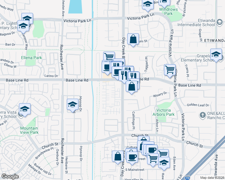 map of restaurants, bars, coffee shops, grocery stores, and more near 7360 Palazzo Place in Rancho Cucamonga
