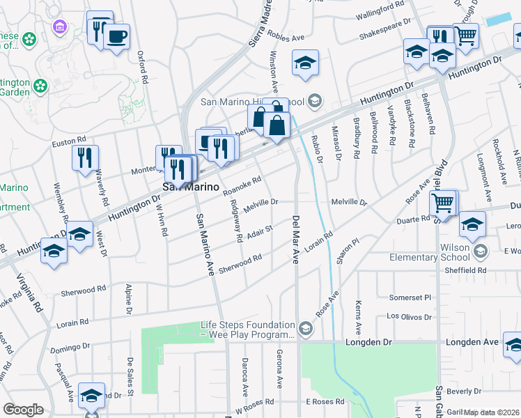 map of restaurants, bars, coffee shops, grocery stores, and more near 2370 Melville Drive in San Marino