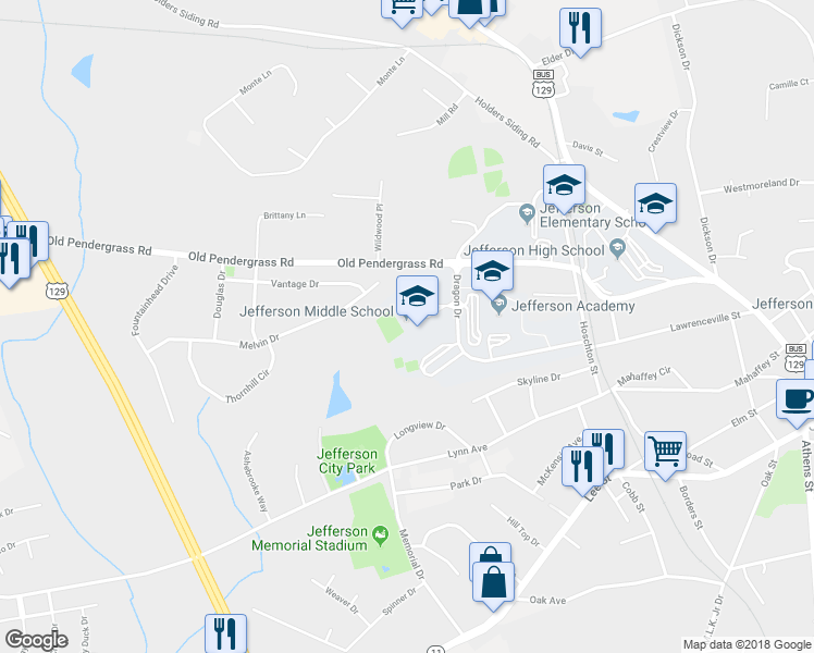 map of restaurants, bars, coffee shops, grocery stores, and more near 100 Dragon Drive in Jefferson