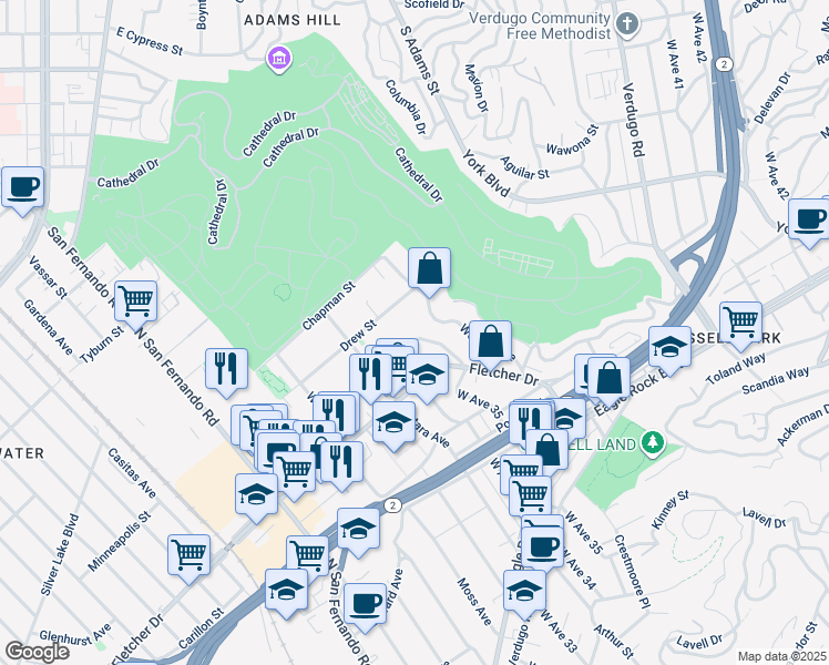 map of restaurants, bars, coffee shops, grocery stores, and more near 3363 Andrita Street in Los Angeles