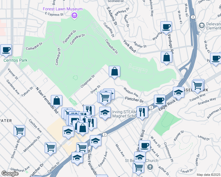 map of restaurants, bars, coffee shops, grocery stores, and more near 3363 Andrita Street in Los Angeles