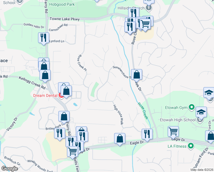 map of restaurants, bars, coffee shops, grocery stores, and more near 2131 Summerchase Drive in Woodstock