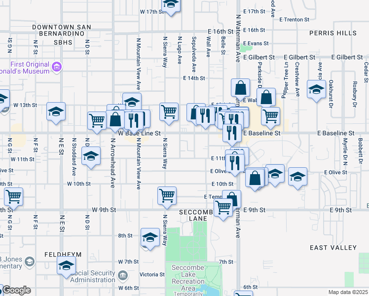 map of restaurants, bars, coffee shops, grocery stores, and more near 1157 North Lugo Avenue in San Bernardino