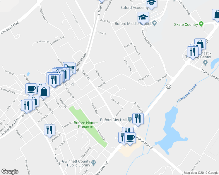 map of restaurants, bars, coffee shops, grocery stores, and more near 440 William Street in Buford