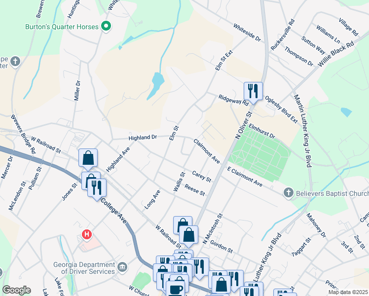 map of restaurants, bars, coffee shops, grocery stores, and more near 217 Elizabeth Street in Elberton