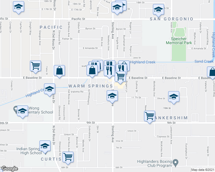 map of restaurants, bars, coffee shops, grocery stores, and more near 7360 Sterling Avenue in San Bernardino