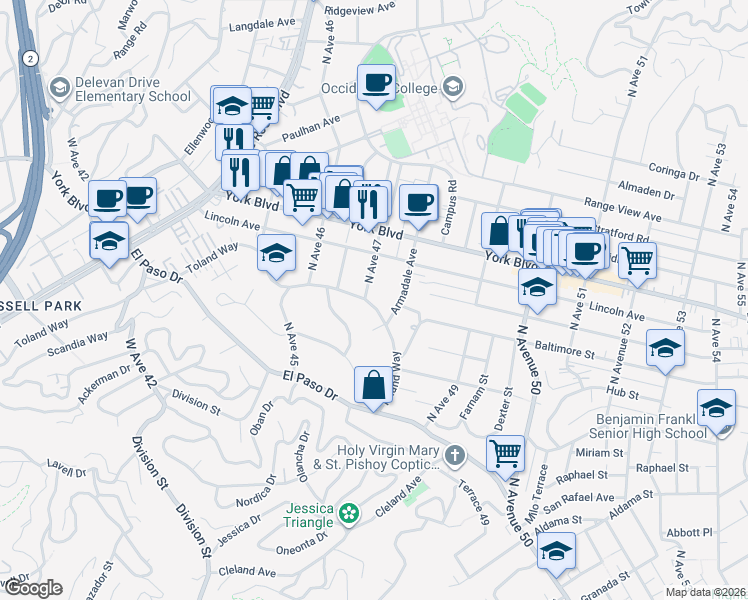 map of restaurants, bars, coffee shops, grocery stores, and more near 4707 Toland Way in Los Angeles