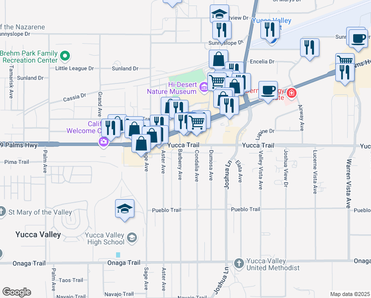 map of restaurants, bars, coffee shops, grocery stores, and more near 57057 Yucca Trail in Yucca Valley