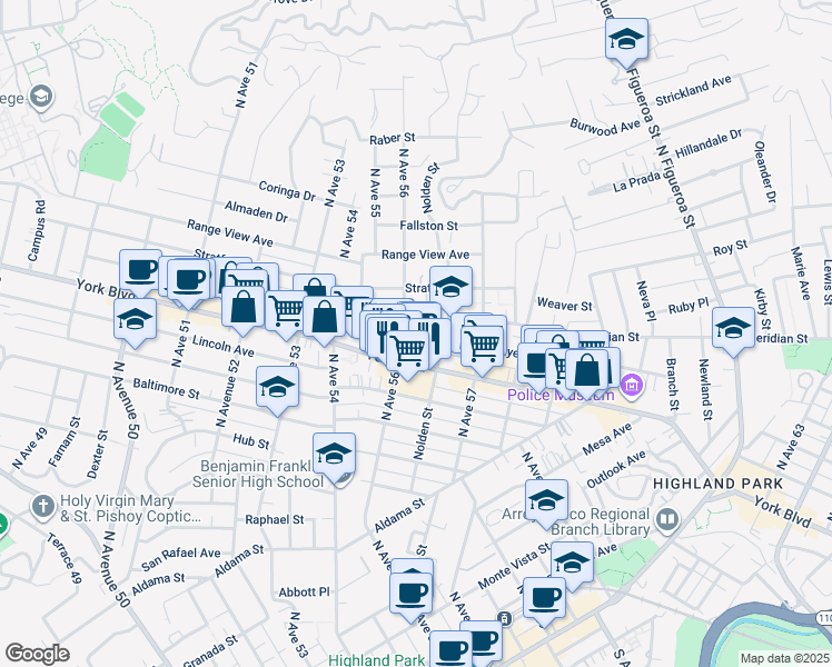 map of restaurants, bars, coffee shops, grocery stores, and more near 5624 Meridian Street in Los Angeles