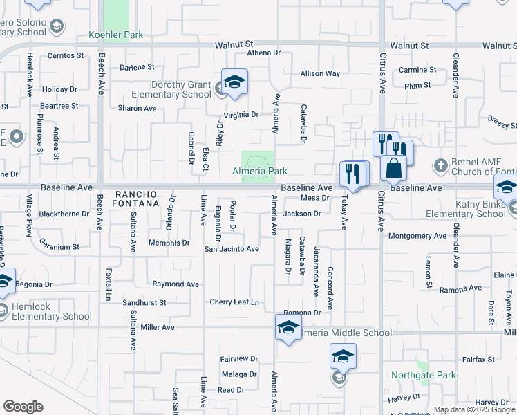 map of restaurants, bars, coffee shops, grocery stores, and more near 15789 Mimosa Court in Fontana