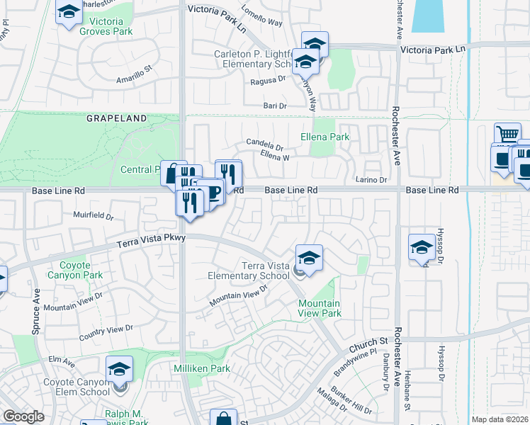 map of restaurants, bars, coffee shops, grocery stores, and more near 7352 Stonehaven Place in Rancho Cucamonga