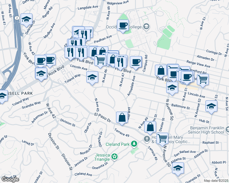 map of restaurants, bars, coffee shops, grocery stores, and more near 4654 Toland Way in Los Angeles
