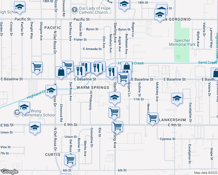 map of restaurants, bars, coffee shops, grocery stores, and more near 25699 East Baseline Street in San Bernardino