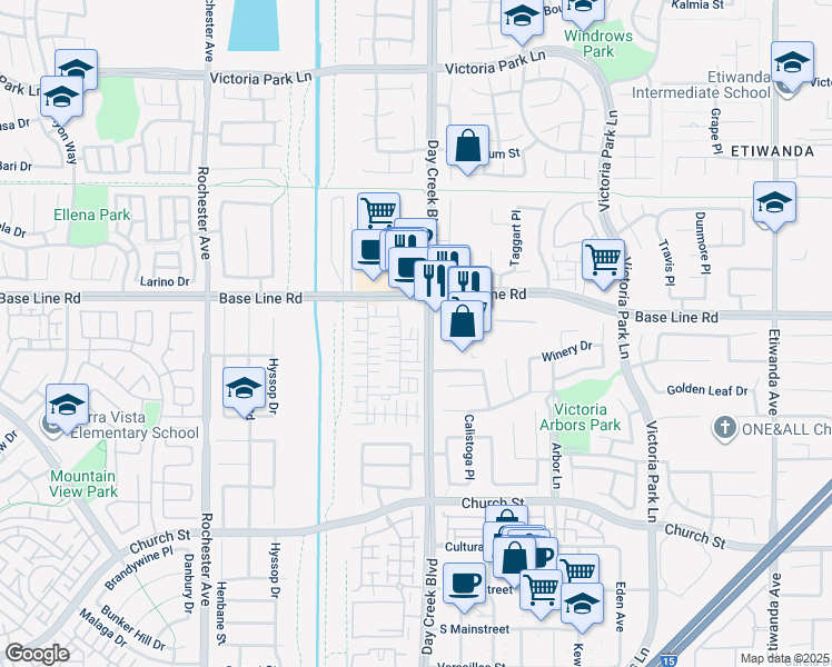 map of restaurants, bars, coffee shops, grocery stores, and more near 7329 Day Creek Boulevard in Rancho Cucamonga