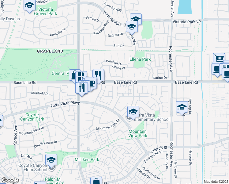 map of restaurants, bars, coffee shops, grocery stores, and more near 7352 Stonehaven Place in Rancho Cucamonga