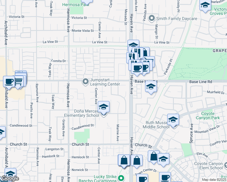 map of restaurants, bars, coffee shops, grocery stores, and more near 7352 Cartilla Avenue in Rancho Cucamonga